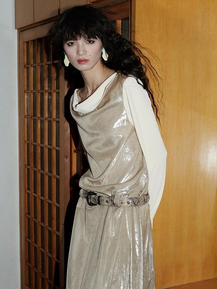 badtaste Western Shiny Solid Loose Long Sleeve Women's Special Fabric Casual Maxi Dresses