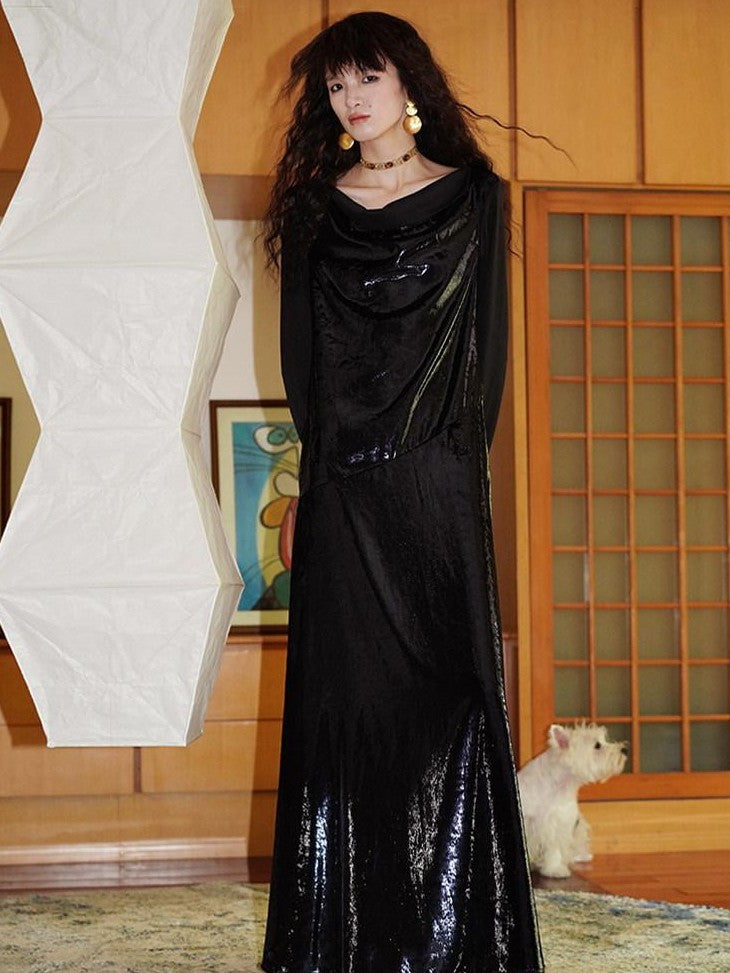 badtaste Western Shiny Solid Loose Long Sleeve Women's Special Fabric Casual Maxi Dresses