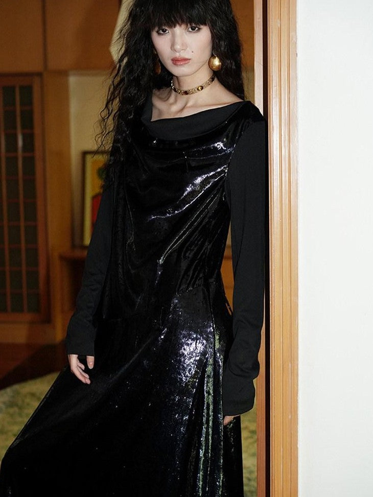 badtaste Western Shiny Solid Loose Long Sleeve Women's Special Fabric Casual Maxi Dresses
