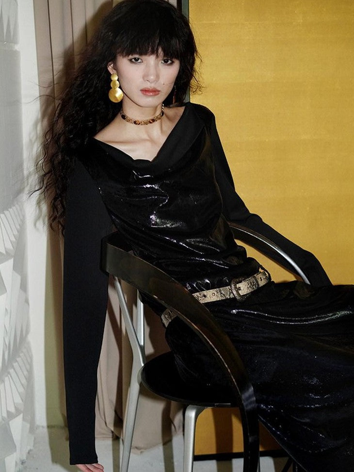 badtaste Western Shiny Solid Loose Long Sleeve Women's Special Fabric Casual Maxi Dresses