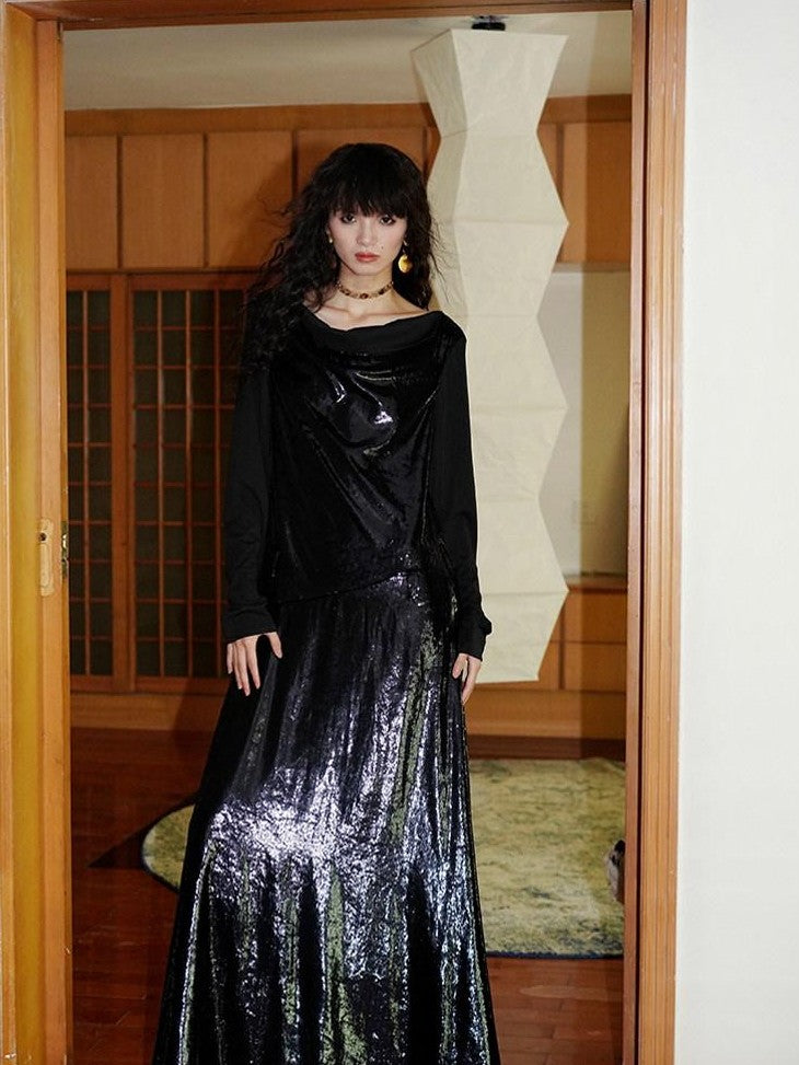 badtaste Western Shiny Solid Loose Long Sleeve Women's Special Fabric Casual Maxi Dresses