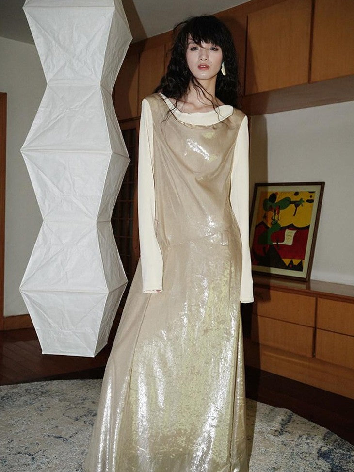 badtaste Western Shiny Solid Loose Long Sleeve Women's Special Fabric Casual Maxi Dresses