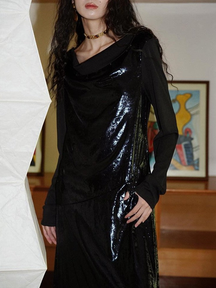 badtaste Western Shiny Solid Loose Long Sleeve Women's Special Fabric Casual Maxi Dresses