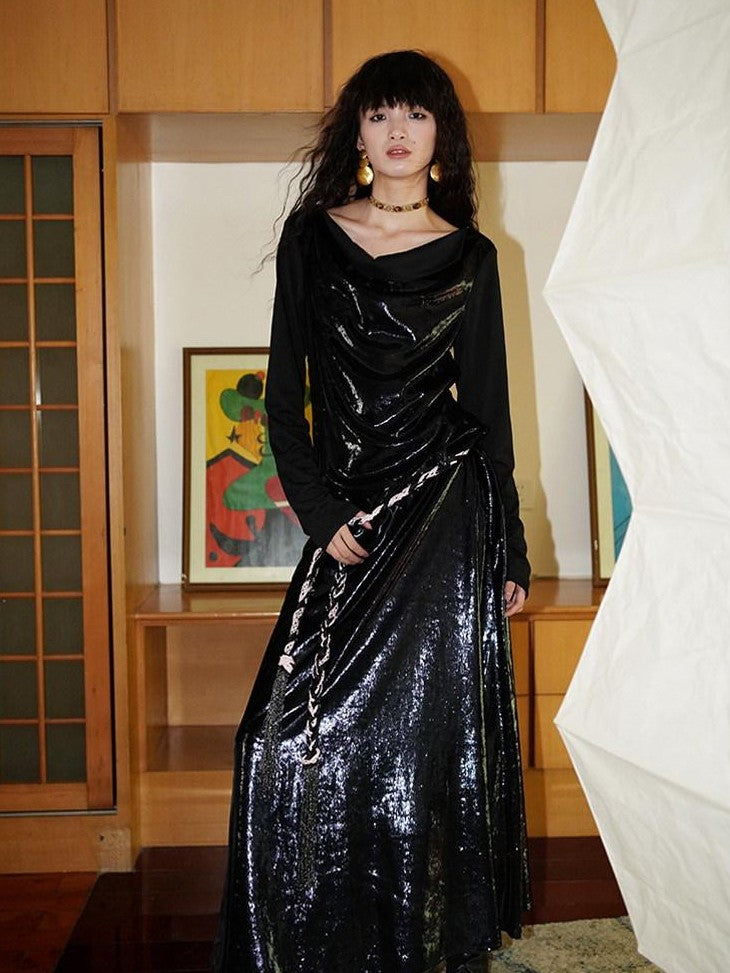 badtaste Western Shiny Solid Loose Long Sleeve Women's Special Fabric Casual Maxi Dresses
