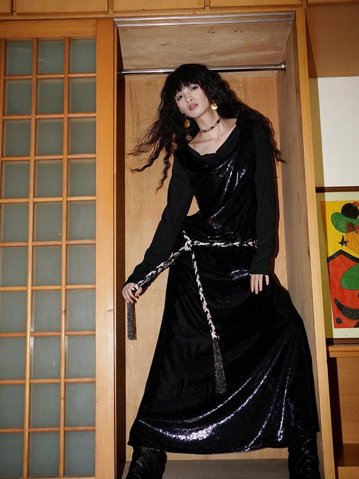 badtaste Western Shiny Solid Loose Long Sleeve Women's Special Fabric Casual Maxi Dresses