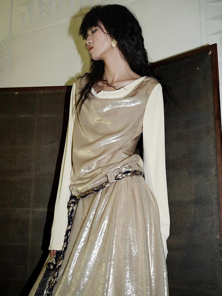 badtaste Western Shiny Solid Loose Long Sleeve Women's Special Fabric Casual Maxi Dresses