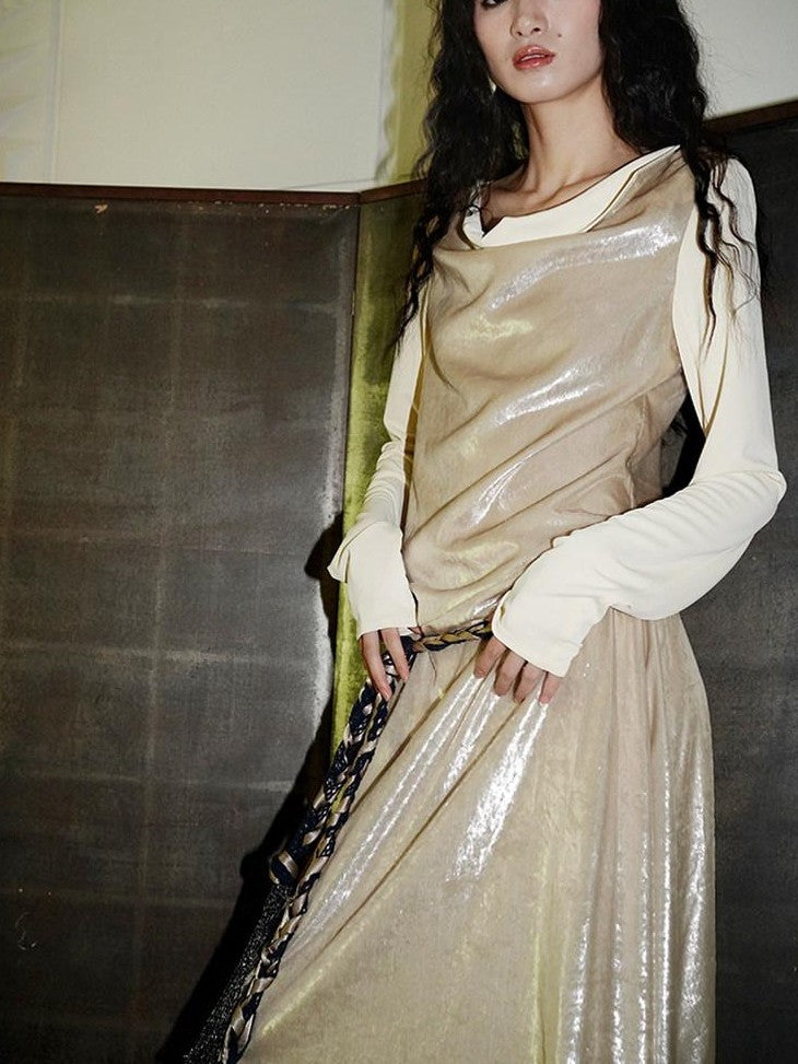badtaste Western Shiny Solid Loose Long Sleeve Women's Special Fabric Casual Maxi Dresses