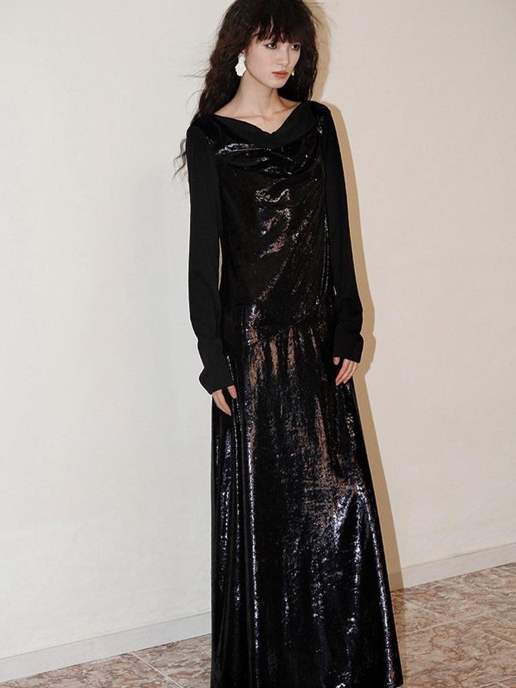 badtaste Western Shiny Solid Loose Long Sleeve Women's Special Fabric Casual Maxi Dresses
