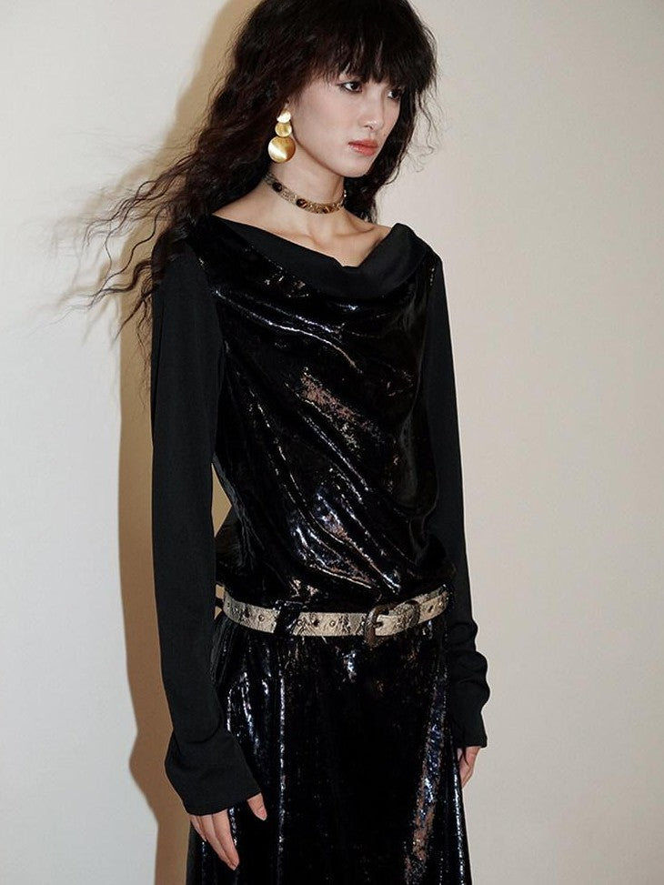 badtaste Western Shiny Solid Loose Long Sleeve Women's Special Fabric Casual Maxi Dresses