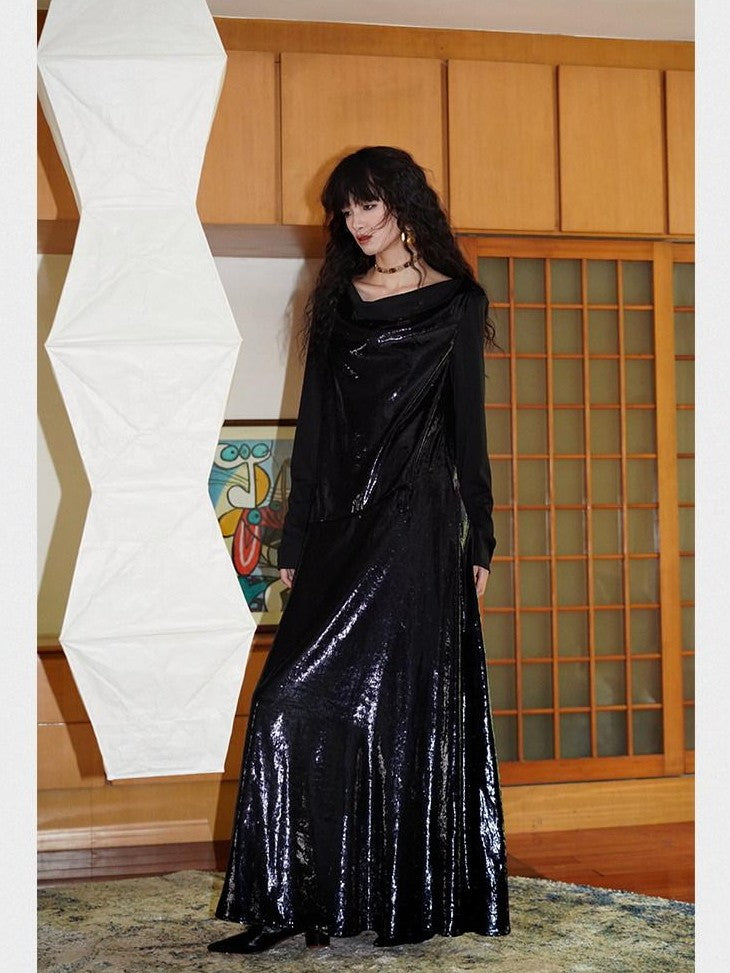 badtaste Western Shiny Solid Loose Long Sleeve Women's Special Fabric Casual Maxi Dresses