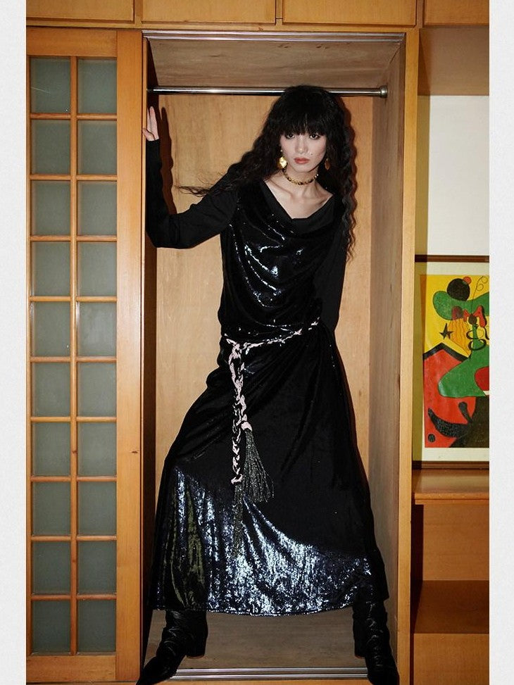 badtaste Western Shiny Solid Loose Long Sleeve Women's Special Fabric Casual Maxi Dresses