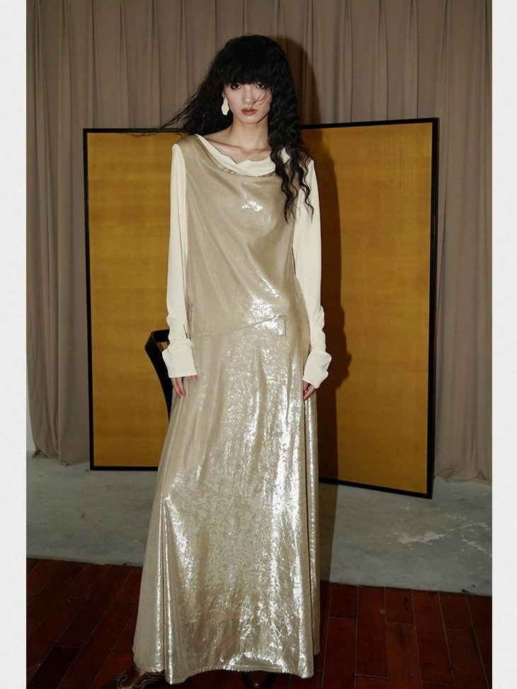 badtaste Western Shiny Solid Loose Long Sleeve Women's Special Fabric Casual Maxi Dresses