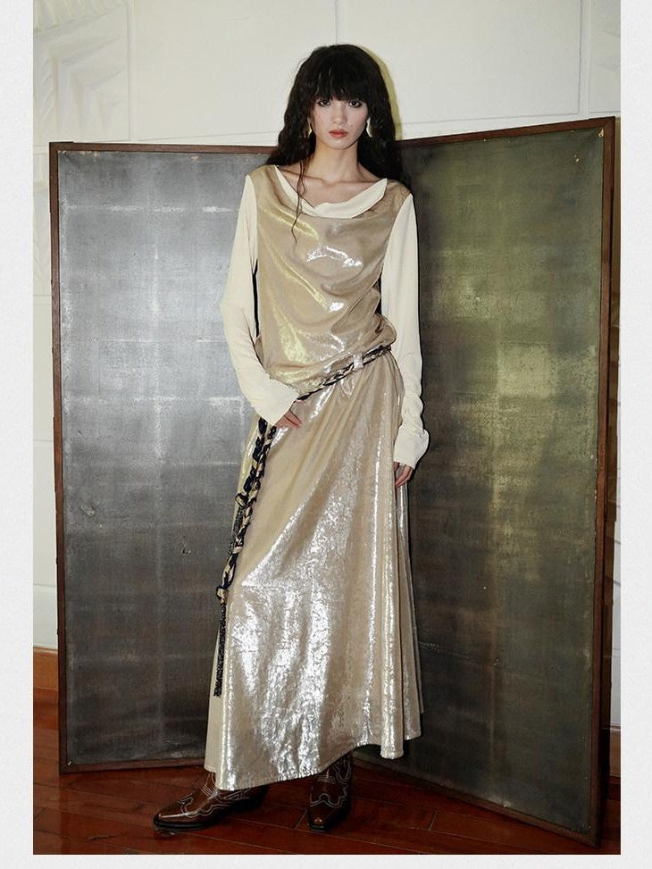badtaste Western Shiny Solid Loose Long Sleeve Women's Special Fabric Casual Maxi Dresses