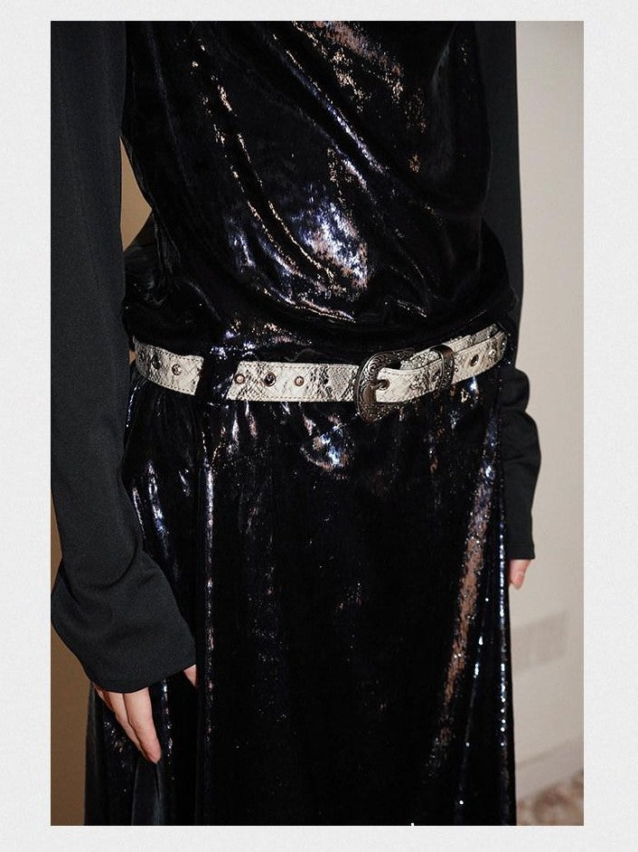 badtaste Western Shiny Solid Loose Long Sleeve Women's Special Fabric Casual Maxi Dresses