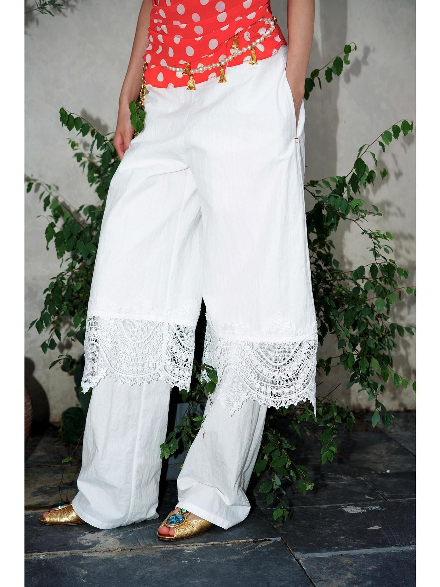 badtaste Western Solid Lace Splice Faux Two Piece Women's Cotton Wide-leg Pants