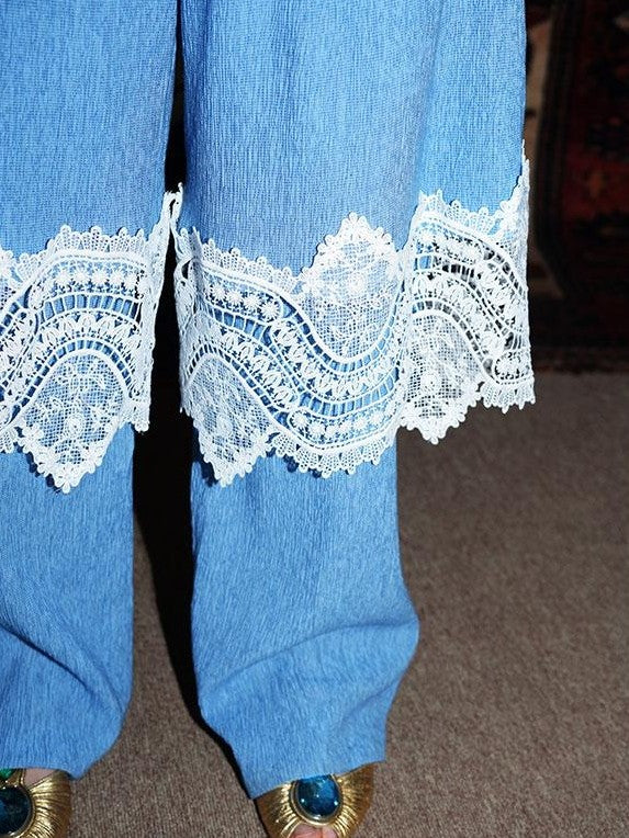 badtaste Western Solid Lace Splice Faux Two Piece Women's Cotton Wide-leg Pants