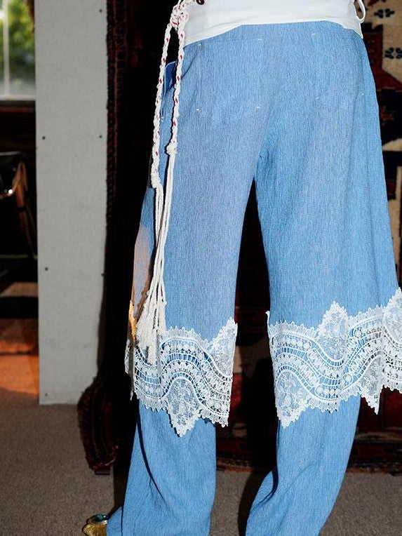 badtaste Western Solid Lace Splice Faux Two Piece Women's Cotton Wide-leg Pants