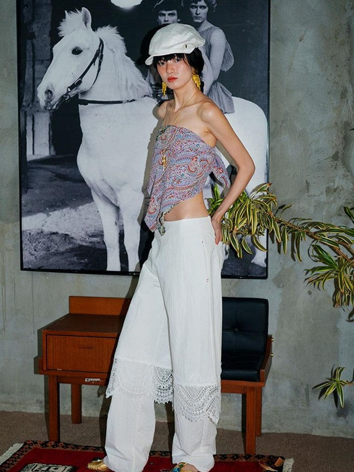 badtaste Western Solid Lace Splice Faux Two Piece Women's Cotton Wide-leg Pants