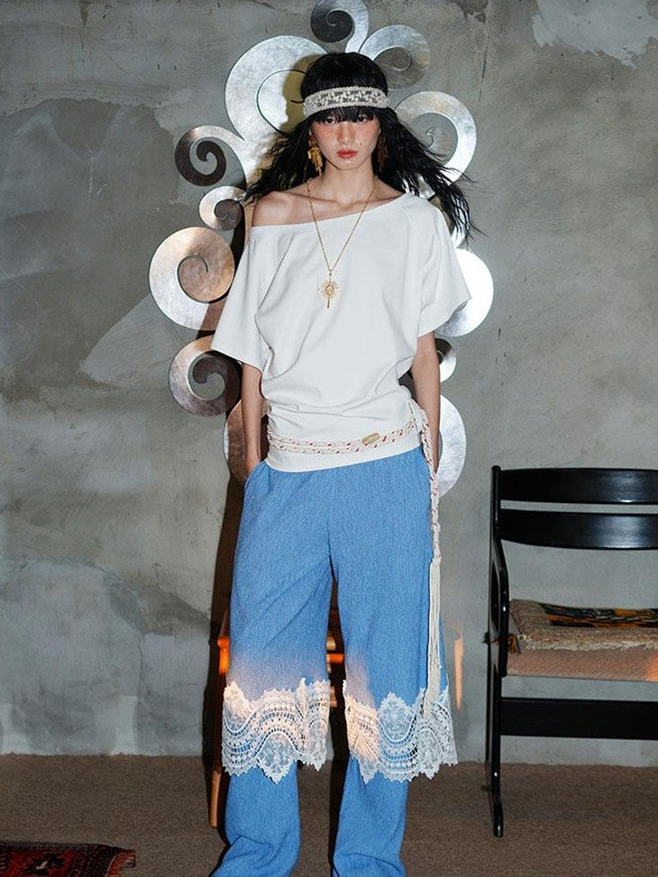 badtaste Western Solid Lace Splice Faux Two Piece Women's Cotton Wide-leg Pants