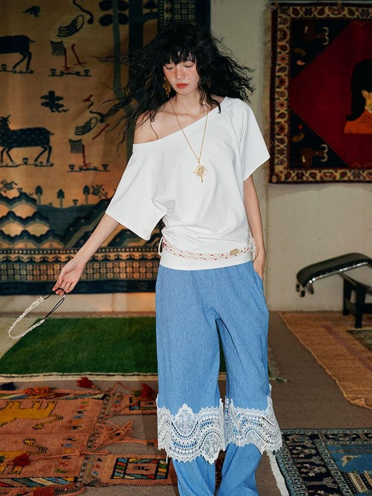 badtaste Western Solid Lace Splice Faux Two Piece Women's Cotton Wide-leg Pants