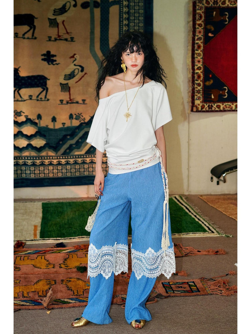 badtaste Western Solid Lace Splice Faux Two Piece Women's Cotton Wide-leg Pants