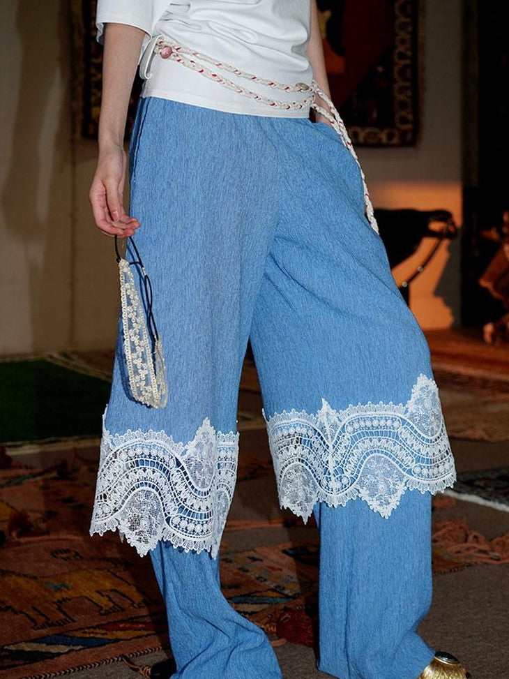 badtaste Western Solid Lace Splice Faux Two Piece Women's Cotton Wide-leg Pants