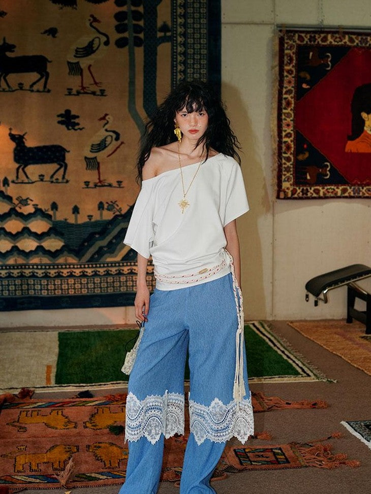 badtaste Western Solid Lace Splice Faux Two Piece Women's Cotton Wide-leg Pants
