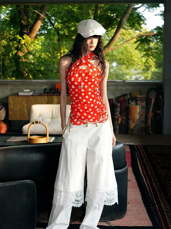 badtaste Western Solid Lace Splice Faux Two Piece Women's Cotton Wide-leg Pants