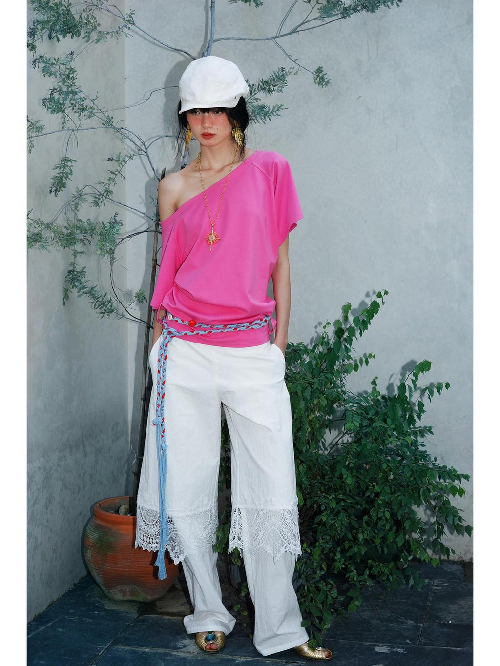 badtaste Western Solid Lace Splice Faux Two Piece Women's Cotton Wide-leg Pants