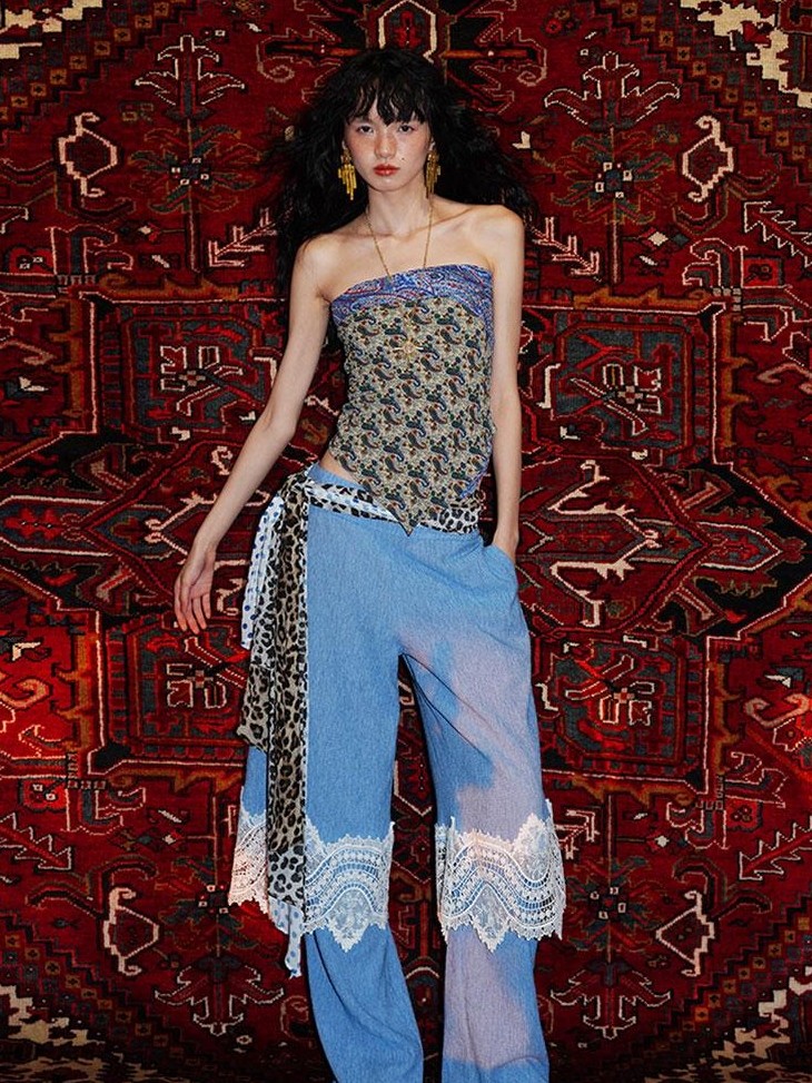 badtaste Western Solid Lace Splice Faux Two Piece Women's Cotton Wide-leg Pants