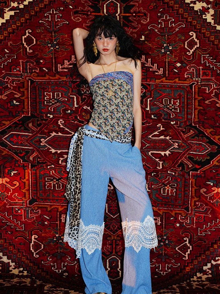 badtaste Western Solid Lace Splice Faux Two Piece Women's Cotton Wide-leg Pants