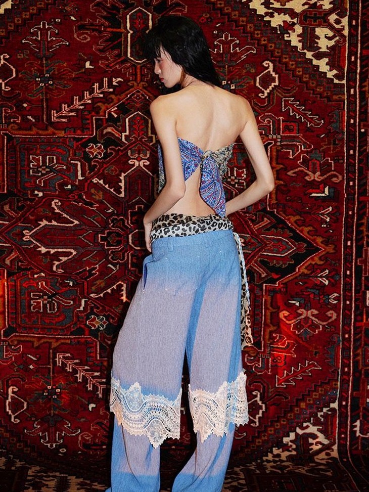 badtaste Western Solid Lace Splice Faux Two Piece Women's Cotton Wide-leg Pants