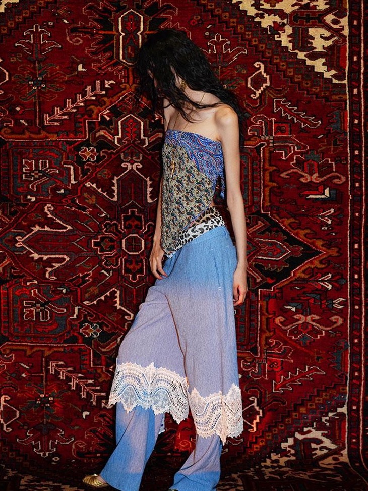 badtaste Western Solid Lace Splice Faux Two Piece Women's Cotton Wide-leg Pants