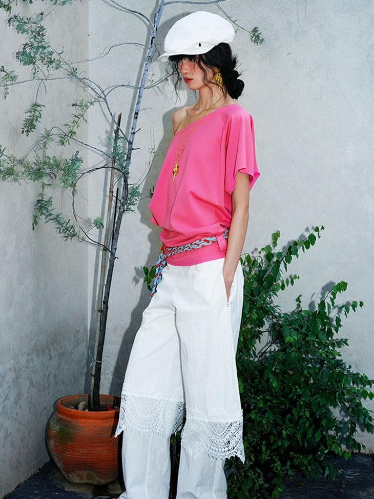 badtaste Western Solid Lace Splice Faux Two Piece Women's Cotton Wide-leg Pants
