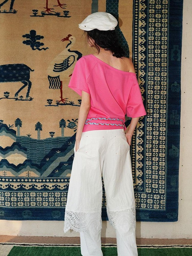 badtaste Western Solid Lace Splice Faux Two Piece Women's Cotton Wide-leg Pants
