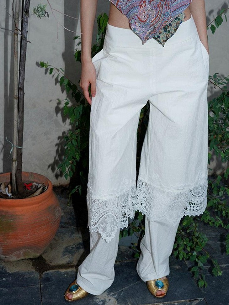 badtaste Western Solid Lace Splice Faux Two Piece Women's Cotton Wide-leg Pants