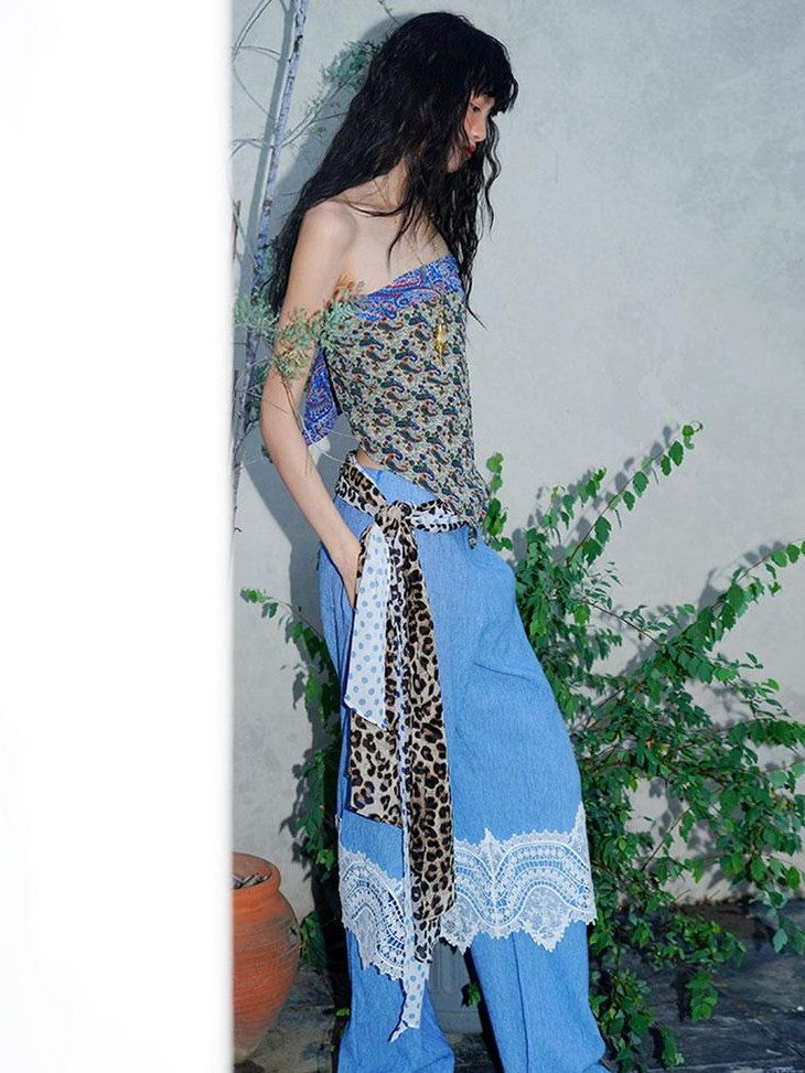 badtaste Western Solid Lace Splice Faux Two Piece Women's Cotton Wide-leg Pants