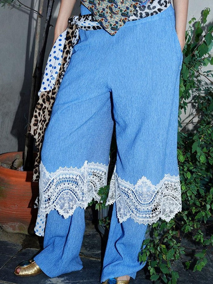 badtaste Western Solid Lace Splice Faux Two Piece Women's Cotton Wide-leg Pants