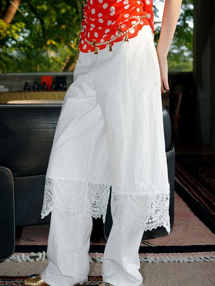 badtaste Western Solid Lace Splice Faux Two Piece Women's Cotton Wide-leg Pants