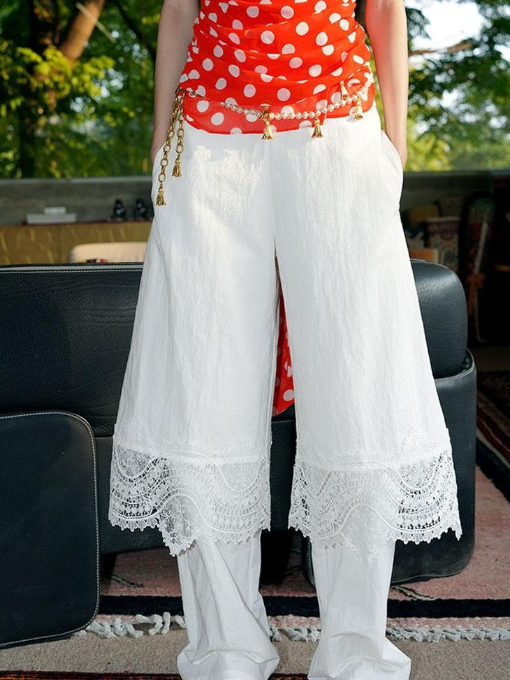 badtaste Western Solid Lace Splice Faux Two Piece Women's Cotton Wide-leg Pants