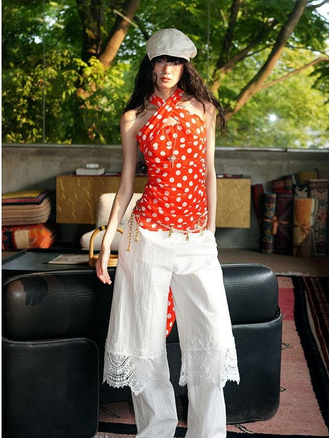 badtaste Western Solid Lace Splice Faux Two Piece Women's Cotton Wide-leg Pants
