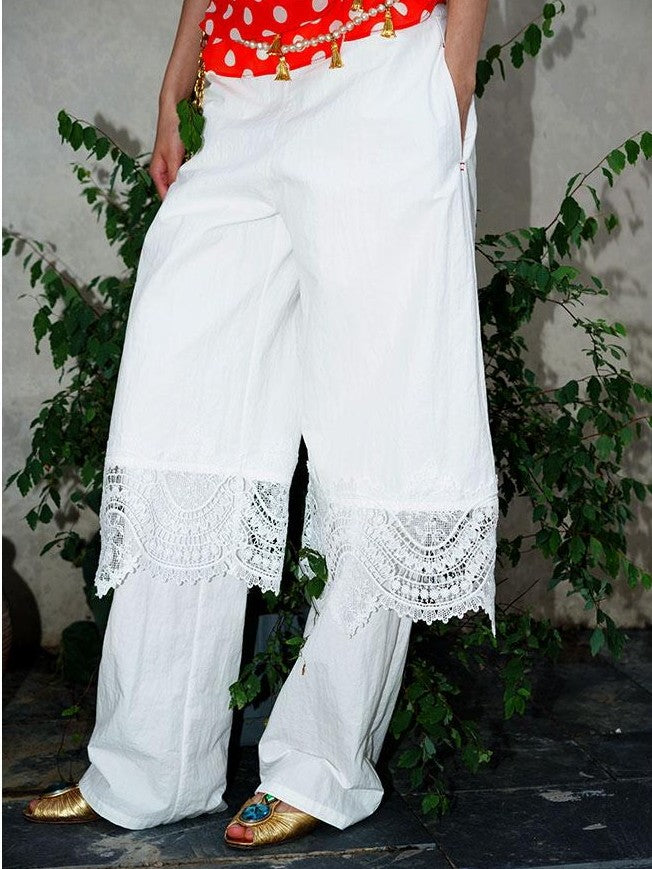 badtaste Western Solid Lace Splice Faux Two Piece Women's Cotton Wide-leg Pants