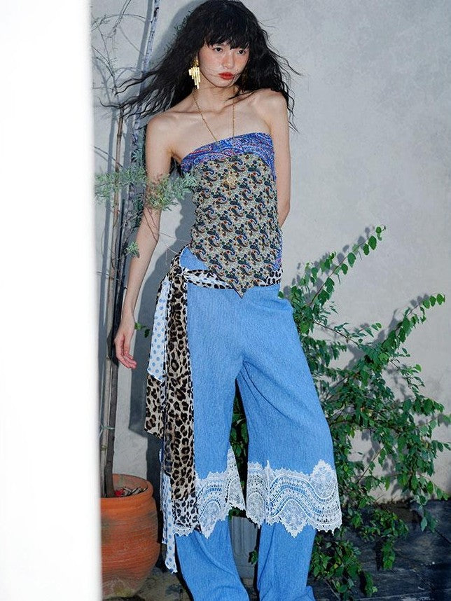 badtaste Western Solid Lace Splice Faux Two Piece Women's Cotton Wide-leg Pants
