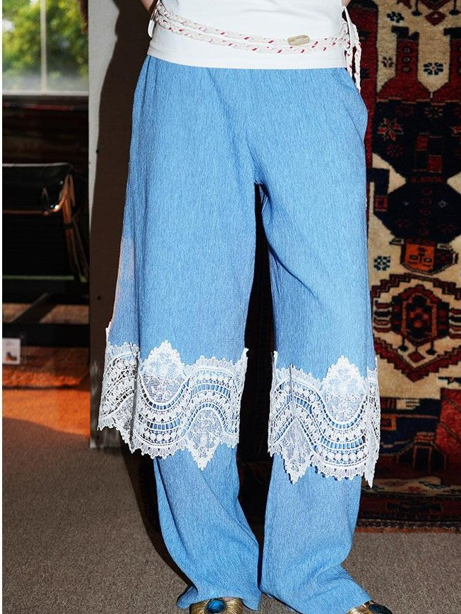 badtaste Western Solid Lace Splice Faux Two Piece Women's Cotton Wide-leg Pants