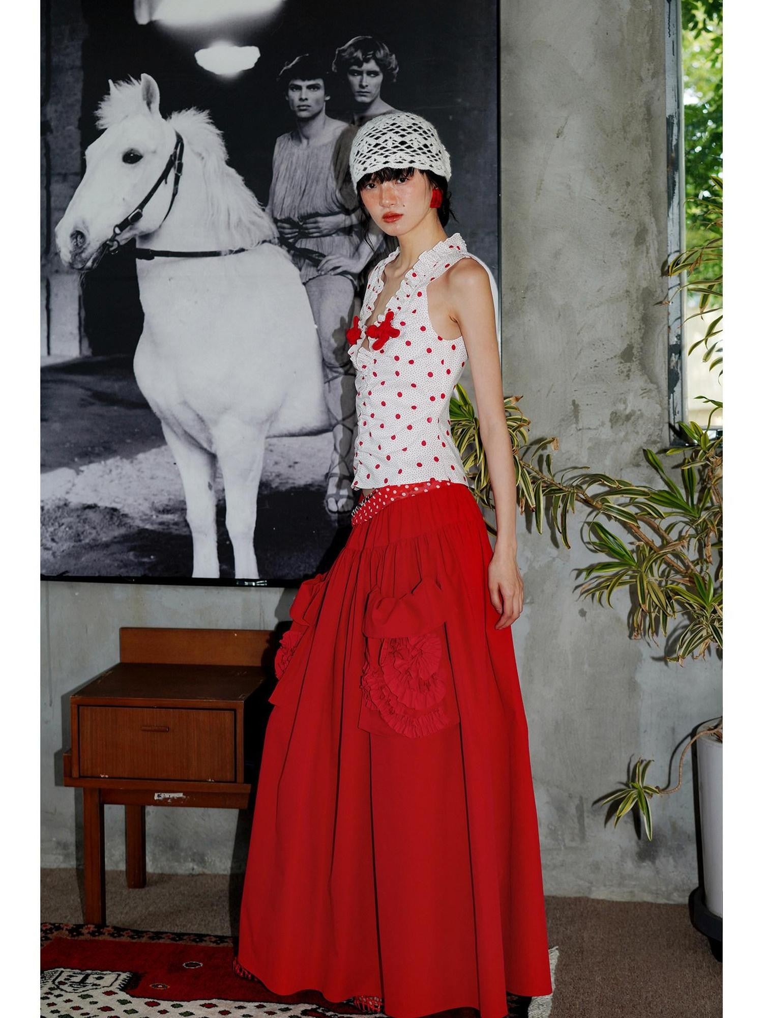 badtaste Western Solid Pleated 3d Rosette Loose A Line Women's Maxi Skirts