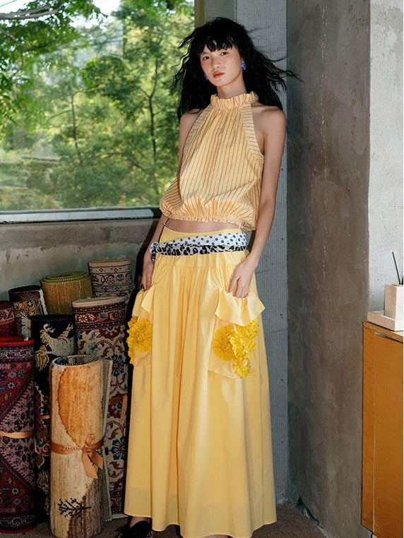 badtaste Western Solid Pleated 3d Rosette Loose A Line Women's Maxi Skirts