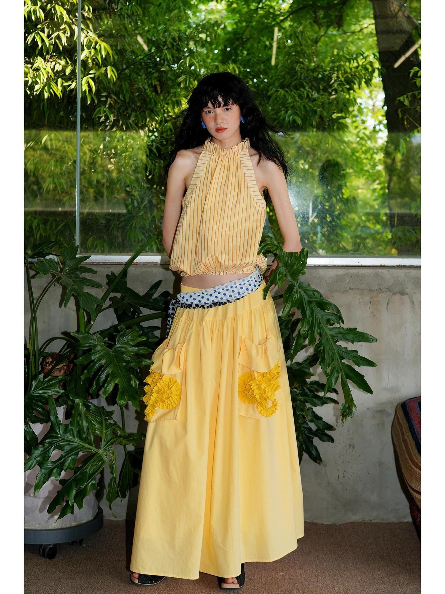 badtaste Western Solid Pleated 3d Rosette Loose A Line Women's Maxi Skirts