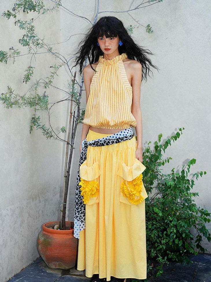 badtaste Western Solid Pleated 3d Rosette Loose A Line Women's Maxi Skirts