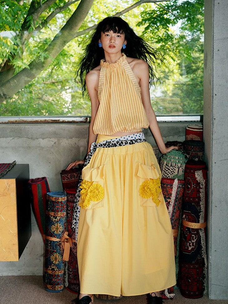 badtaste Western Solid Pleated 3d Rosette Loose A Line Women's Maxi Skirts
