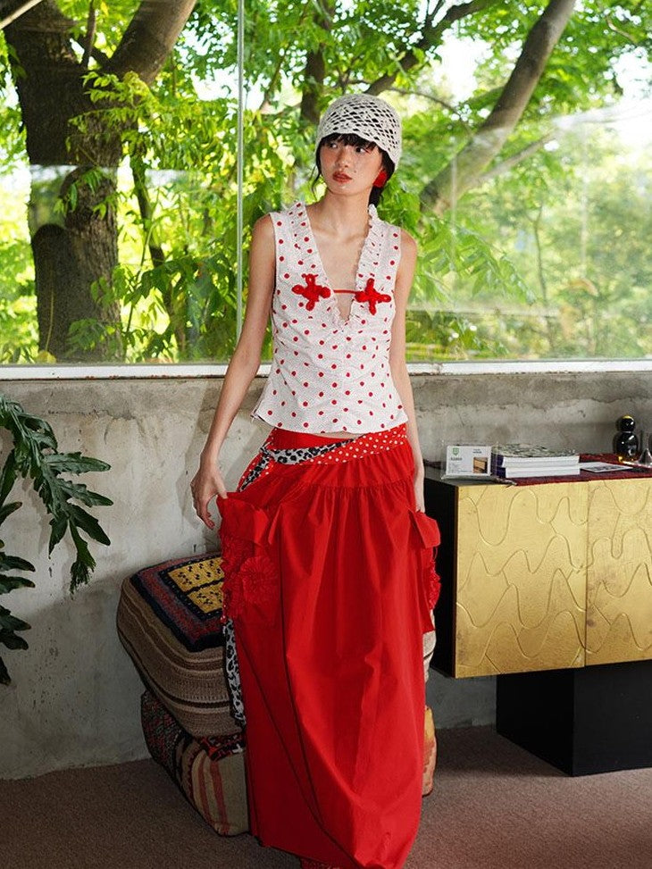 badtaste Western Solid Pleated 3d Rosette Loose A Line Women's Maxi Skirts